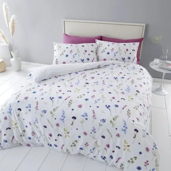 Reversible Duvet Cover Set - White, Polycotton
