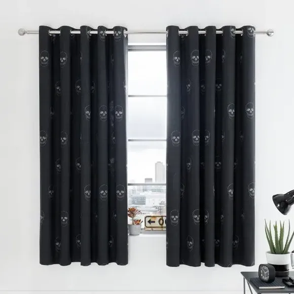 Reversible Eyelet Curtains - Grey, Skull Print