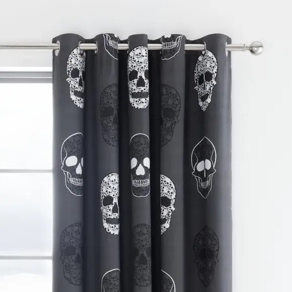 Reversible Eyelet Curtains - Grey, Skull Print image