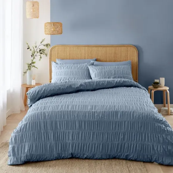 Seersucker Duvet Cover Set - Blue, Polyblend