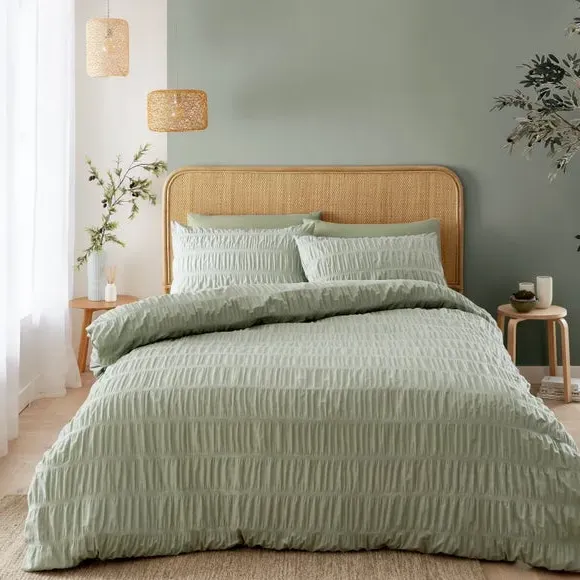 Seersucker Duvet Cover Set - Sage, Polycotton