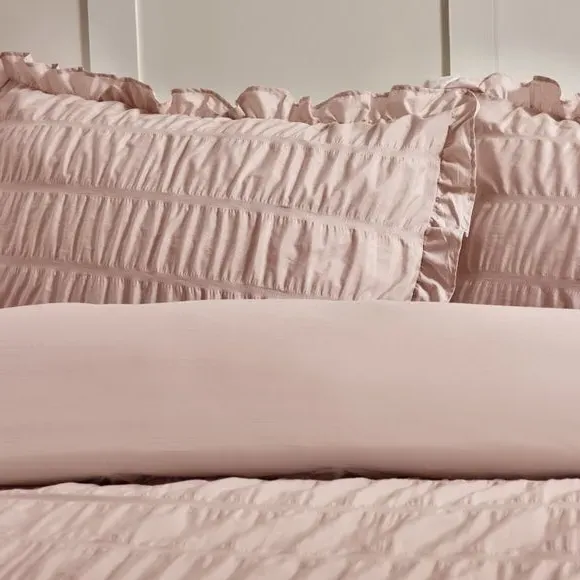 Seersucker Frill Duvet Cover Set - Pink, Cotton