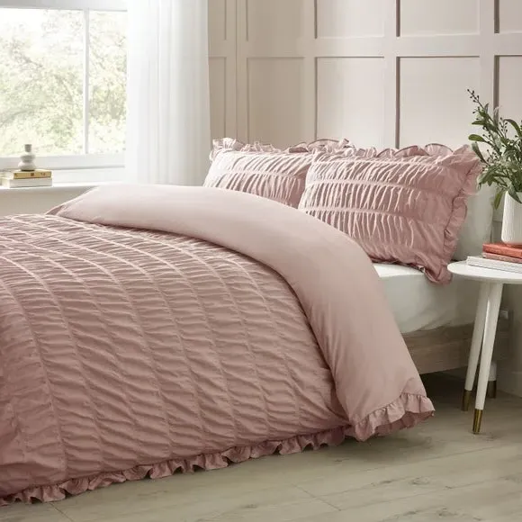 Seersucker Frill Duvet Cover Set - Pink, Cotton