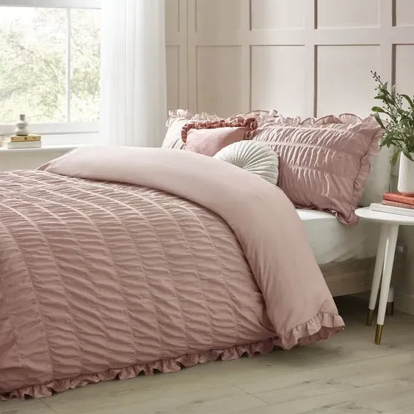 Seersucker Frill Duvet Cover Set - Pink, Cotton