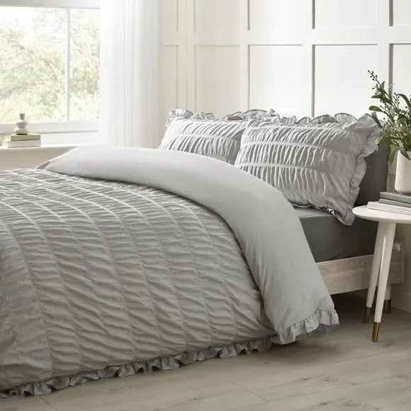 Seersucker Frill Duvet Cover Set - Silver, Cotton