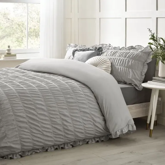 Seersucker Frill Duvet Cover Set - Silver, Cotton