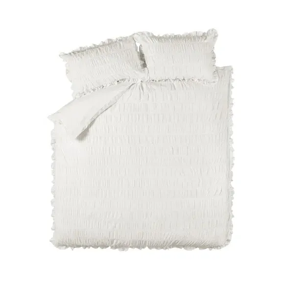 Seersucker Frill Duvet Cover Set - White, Cotton