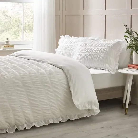 Seersucker Frill Duvet Cover Set - White, Cotton
