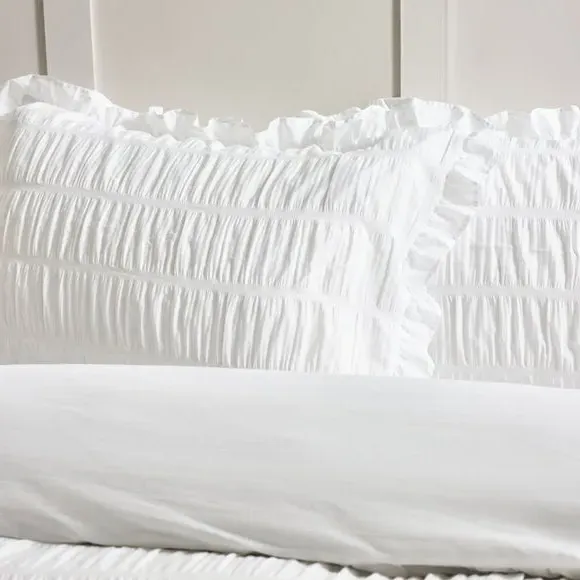 Seersucker Frill Duvet Cover Set - White, Cotton