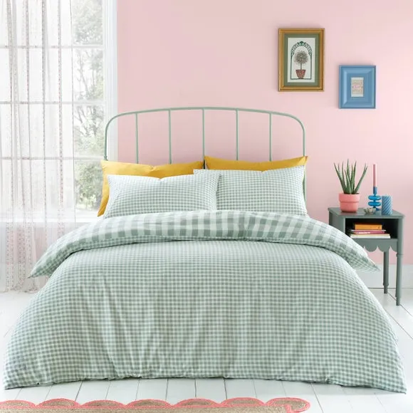 Seersucker Gingham Duvet Cover Set - Green, Cotton