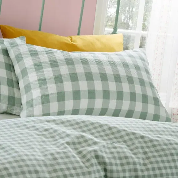 Seersucker Gingham Duvet Cover Set - Green, Cotton