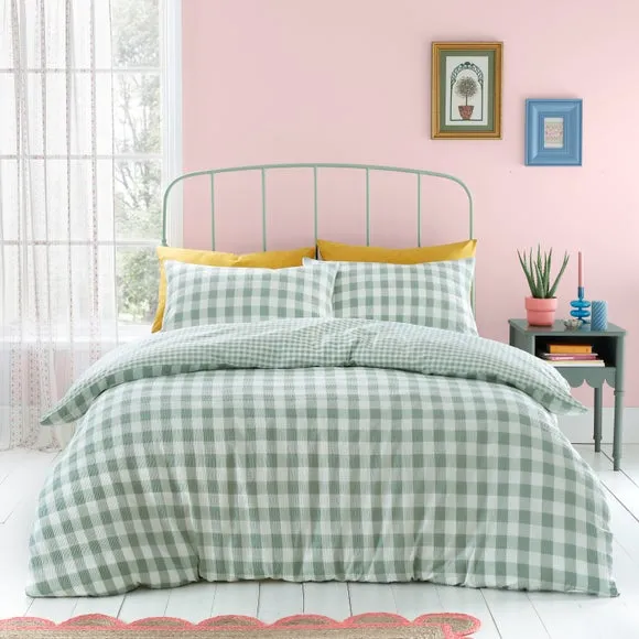 Seersucker Gingham Duvet Cover Set - Green, Cotton image