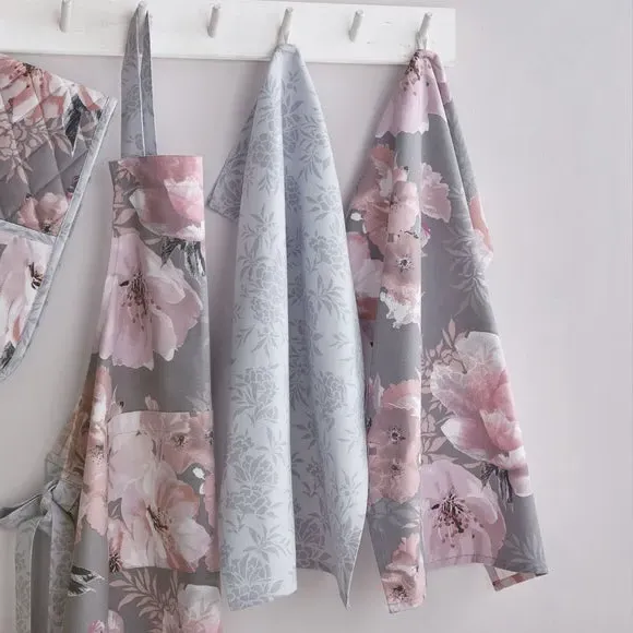 Set of 2 Tea Towels Floral Design - Grey, Cotton image
