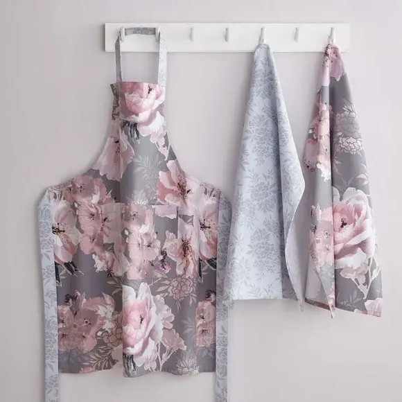 Set of 4 Tea Towels Floral Design - Grey Cotton