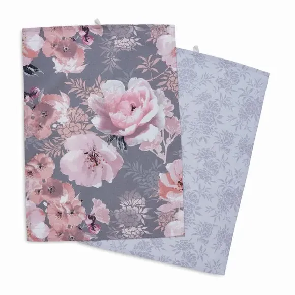 Set of 4 Tea Towels Floral Design - Grey Cotton