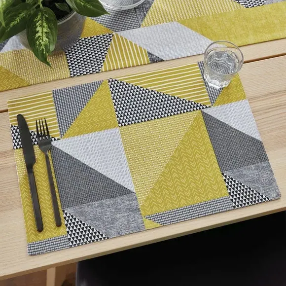 Set of 4 Tea Towels Geometric Design - Yellow, Cotton