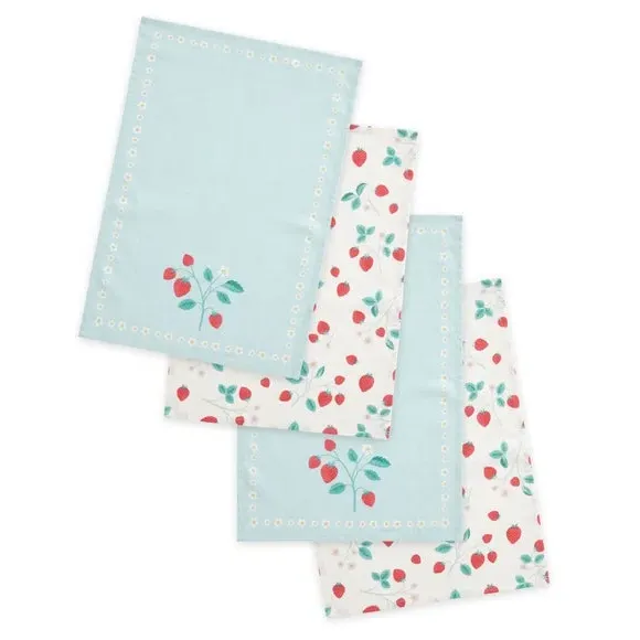 Set of 4 Tea Towels Strawberry Design - Cream