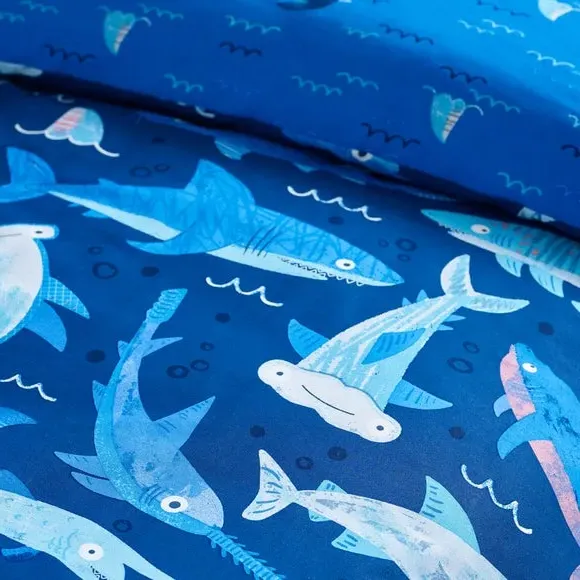 Shark Print Duvet Cover Set - Navy, Polycotton