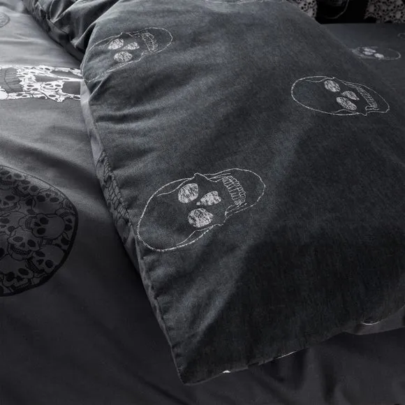 Skulls Reversible Duvet Cover Set - Grey, Polycotton
