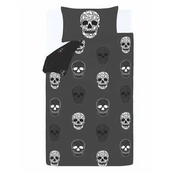 Skulls Reversible Duvet Cover Set - Grey, Polycotton