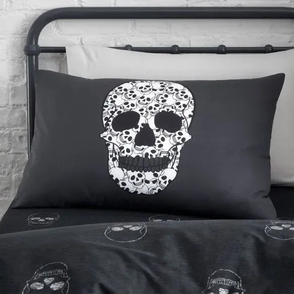 Skulls Reversible Duvet Cover Set - Grey, Polycotton