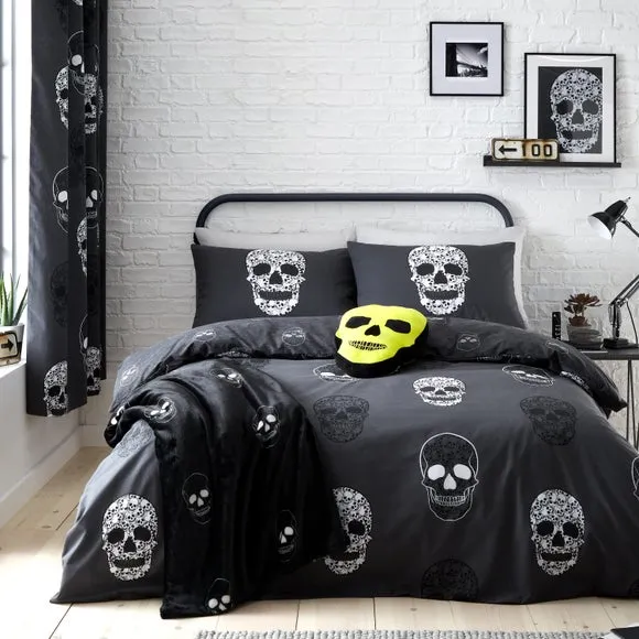 Skulls Reversible Duvet Cover Set - Grey, Polycotton