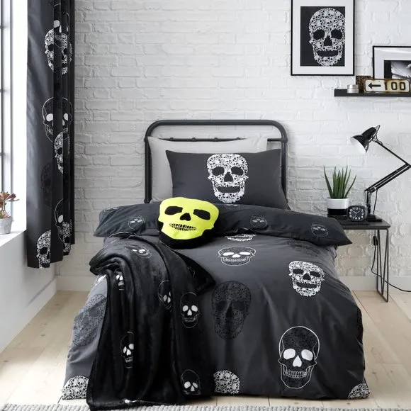 Skulls Reversible Duvet Cover Set - Grey, Polycotton