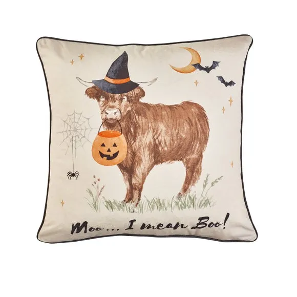 Square Cushion Halloween Highland Cow - Natural