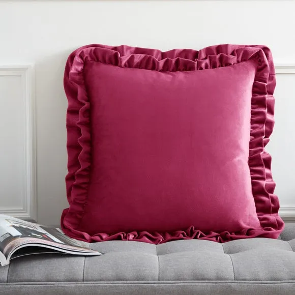 Square Cushion with Double Frill - Pink, Velvet