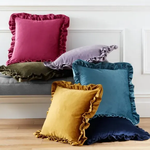 Square Cushion with Double Frill - Teal, Velvet