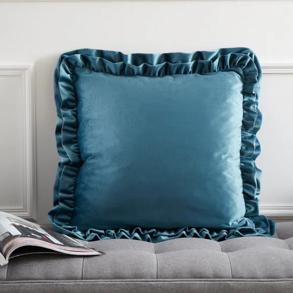 Square Cushion with Double Frill - Teal, Velvet