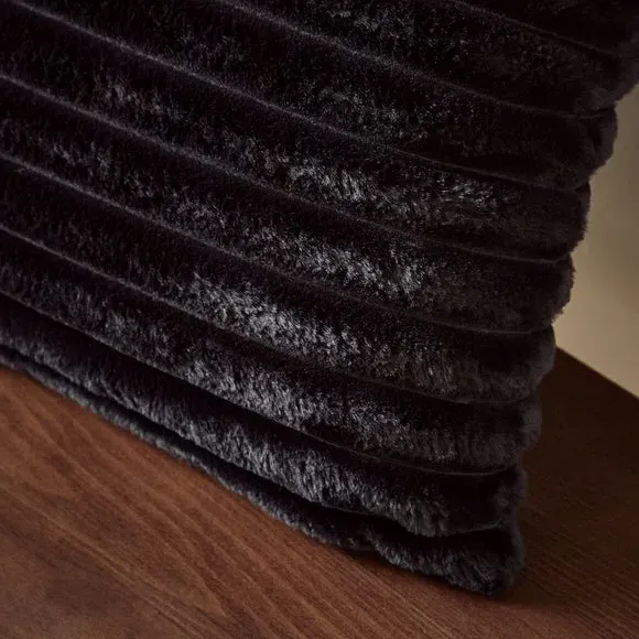 Square Cushion with Ribbed Design - Black, Fleece