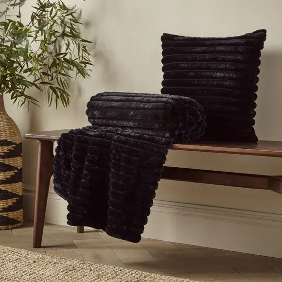 Square Cushion with Ribbed Design - Black, Fleece