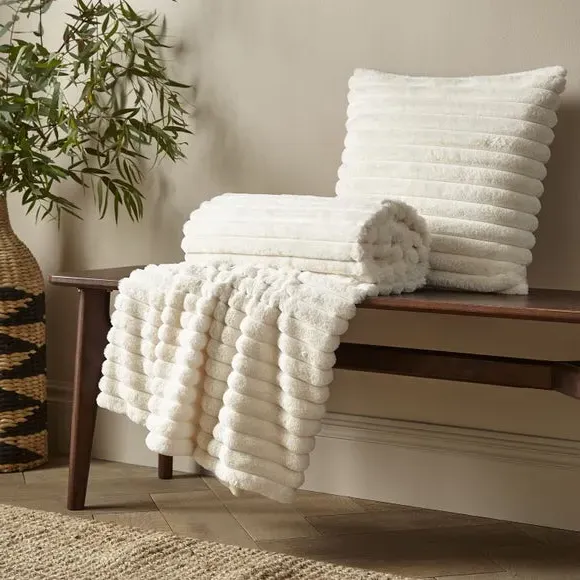 Square Cushion with Ribbed Design - Cream, Fleece