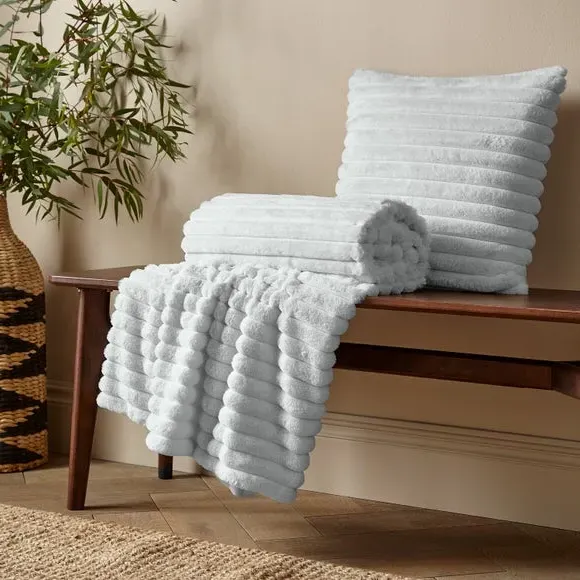 Square Cushion with Ribbed Design - Grey, Fleece