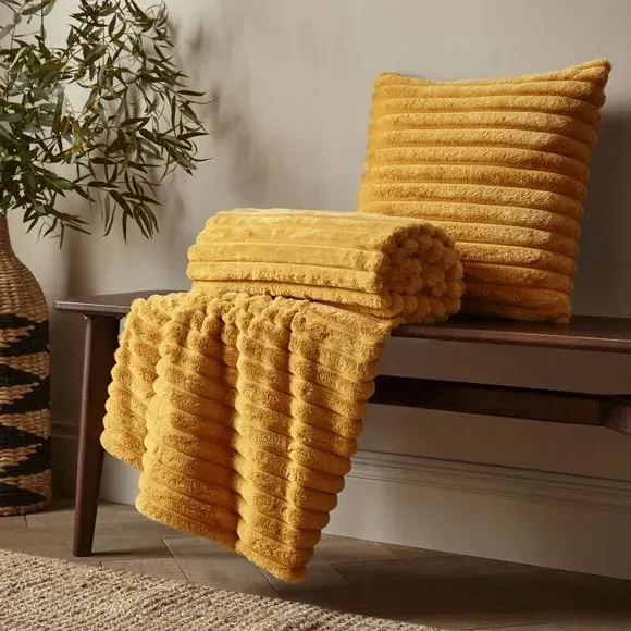 Square Cushion with Ribbed Design - Mustard, Fleece