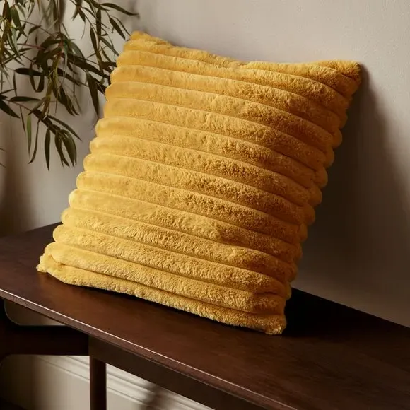 Square Cushion with Ribbed Design - Mustard, Fleece