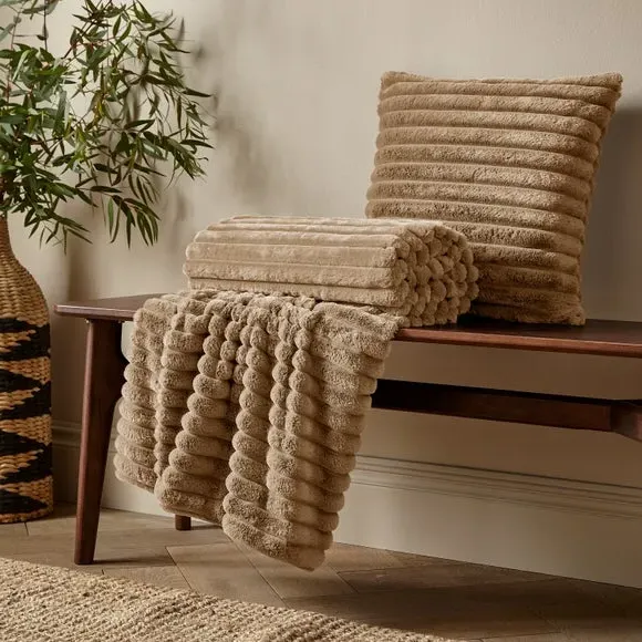 Square Cushion with Ribbed Design - Natural, Fleece