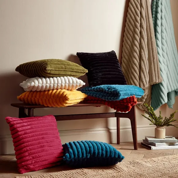 Square Cushion with Ribbed Design - Natural, Fleece