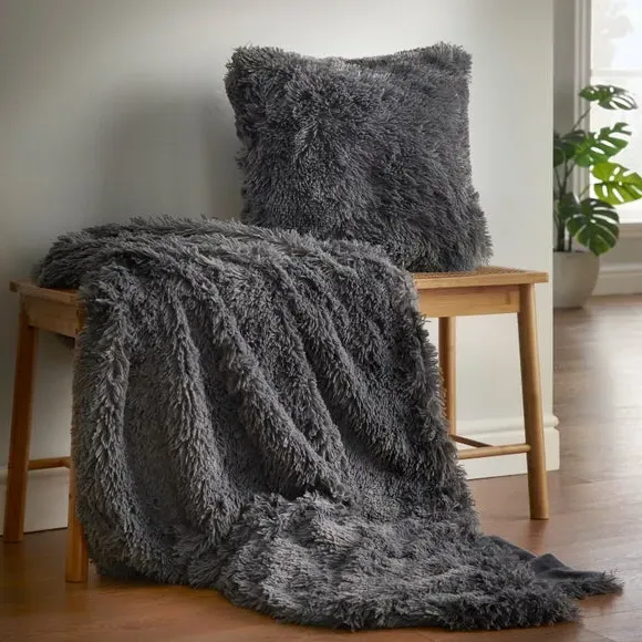 Square Cushion with Shaggy Texture - Charcoal