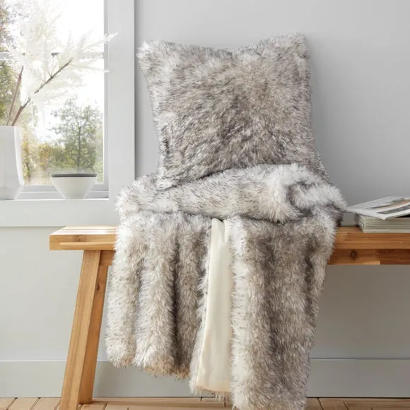 Square Cushion with Zipper - Grey, Faux Fur