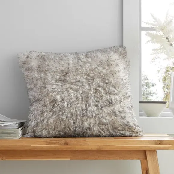 Square Cushion with Zipper - Grey, Faux Fur