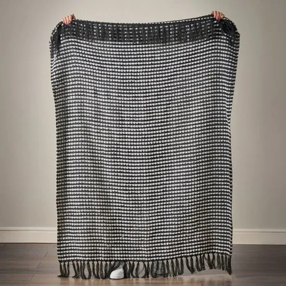 Stab Stitch Throw Blanket with Tassels - Black