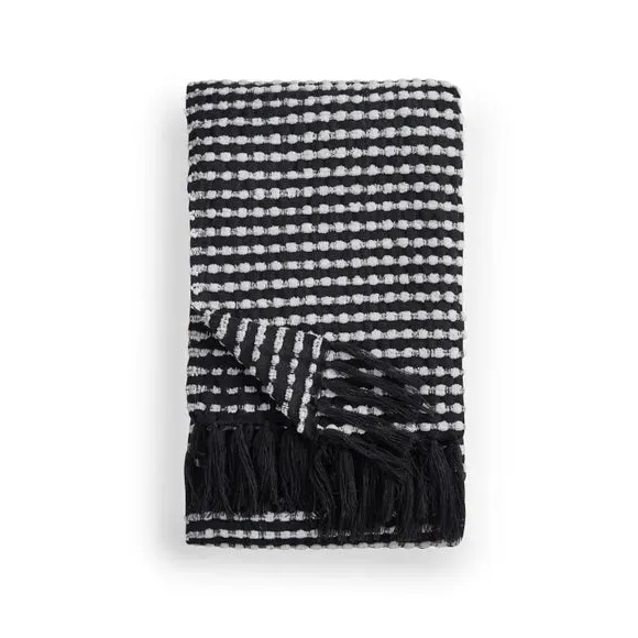 Stab Stitch Throw Blanket with Tassels - Black