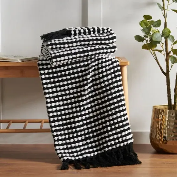 Stab Stitch Throw Blanket with Tassels - Black image