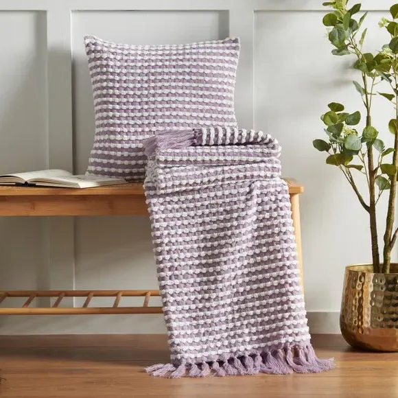 Stab Stitch Throw Blanket with Tassels - Lilac