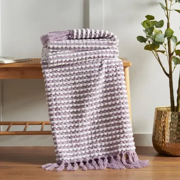 Stab Stitch Throw Blanket with Tassels - Lilac
