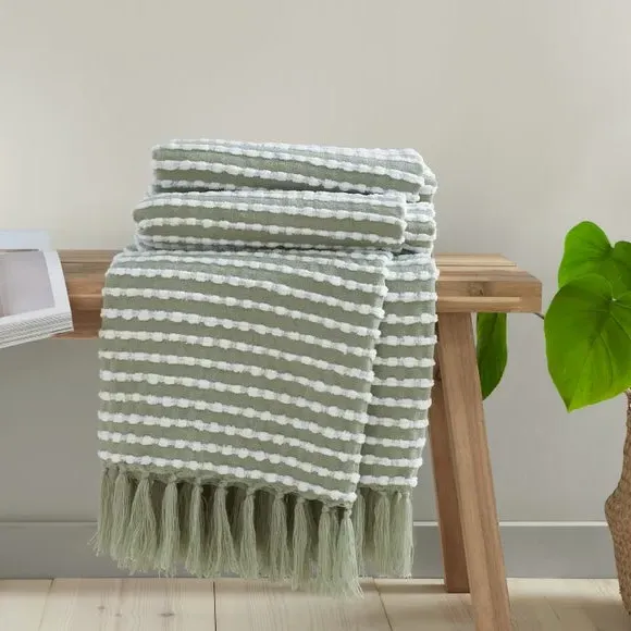 Stab Stitch Throw Blanket with Tassels - Sage