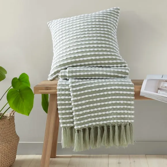 Stab Stitch Throw Blanket with Tassels - Sage