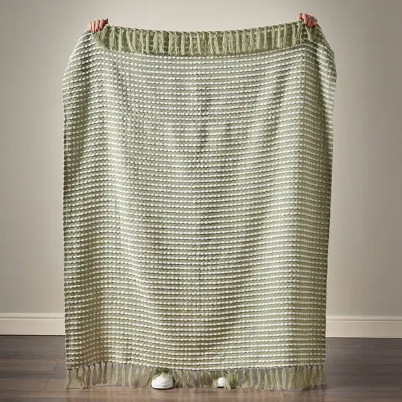 Stab Stitch Throw Blanket with Tassels - Sage